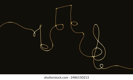 Music. Line art. Music notes. treble clef. Melody, classical music, sound design. Continuous gold Line Drawing. Musical symbols. Musical pentagram sound waves notes. Vector Illustration. Light banner.