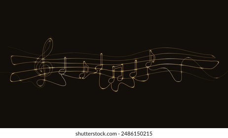 Música. Arte lineal. Notas musicales. Clave de agudos. Melodía, música clásica, diseño de sonido. Dibujo de línea de oro continuo. Símbolos musicales. El pentagrama musical emite notas. Ilustración vectorial. Anuncio ligero.