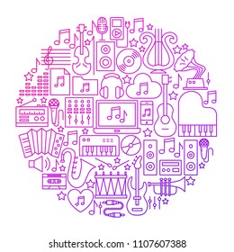 Music Line Icon Circle Design. Vector Illustration of Objects Isolated over White.