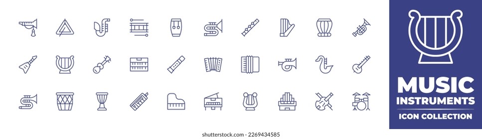 Music line icon collection. Editable stroke. Vector illustration. Containing wind instrument, triangle, saxophone, drum, conga, trombone, flute, harp, trumpet, electric guitar, tar, organ, accordion.