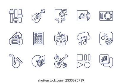 Music line icon collection. Editable stroke. Vector illustration. Containing controller, guitar, music, music album, music player, concert, midi, saxophone, bass guitar, media player, chat.