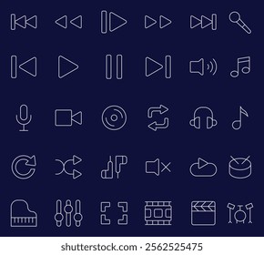 Music line icon editable outline. contains such icons as Sound, Volume, next, Speaker, Earphones, Music,  Microphone, Headphones, Speaking, Ear, Play.