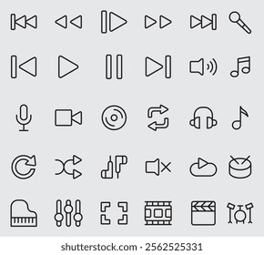 Music line icon editable stroke. contains such icons as Sound, Volume, next, Speaker, Earphones, Music,  Microphone, Headphones, Speaking, Ear, Play, Equlizer.