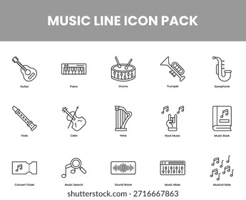 Paquete de iconos de línea musical con Elementos de sonido de instrumentos musicales y símbolos relacionados con la música.