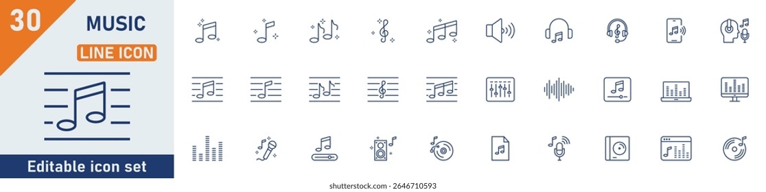 Conjunto de ícones de linha de música. Conjunto de 30 ícones de contorno relacionados a música, nota musical, instrumento, som, áudio, música, tom e outros. Traçado editável. Ilustração vetorial.