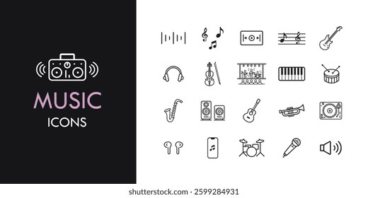 Music Line Icon Set Including Instruments, Notes, Sound and More. Line Style Icon Collection