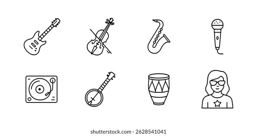 Conjunto de ícones de linha de música - instrumentos e símbolos de som em estilo de contorno