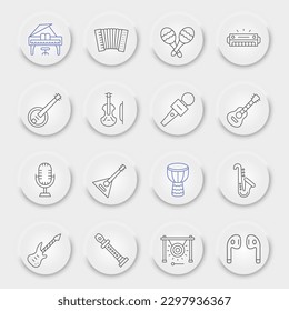 Music line icon set, musical instruments symbols collection, vector sketches, neumorphic UI UX buttons, audio equipment signs linear pictograms package isolated on white background, eps 10.