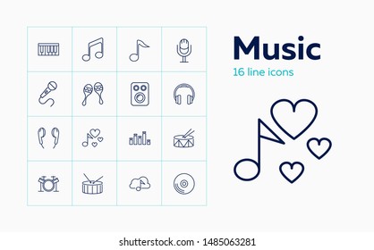Music line icon set. Note, headphone, drum. Audio concept. Can be used for topics like musical instrument, sound hardware, concert