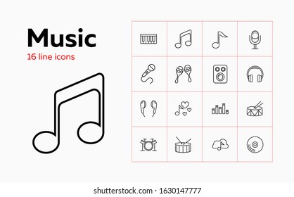 Music line icon set. Note, headphone, drum. Audio concept. Can be used for topics like musical instrument, sound hardware, concert