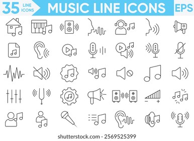 Music line icon set.Flat icon collection set. Content music icons. Guitar, play, music note, sound, headphones, mic and more.Vector and illustrator set.