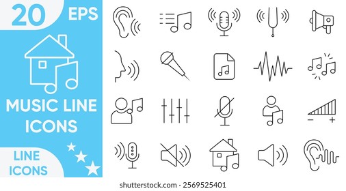 Music line icon set.Flat icon collection set. Content music icons. Guitar, play, music note, sound, headphones, mic and more.Vector and illustrator set.