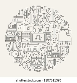 Music Line Icons Circle. Vector Illustration of Outline Objects.