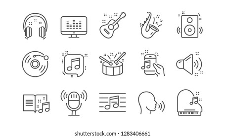 Music line icons. Guitar, Musical note and Headphones. Jazz saxophone linear icon set.  Vector