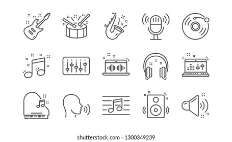 Music Line Icons. Guitar, Musical Note And Headphones. Jazz Saxophone Linear Icon Set.  Vector