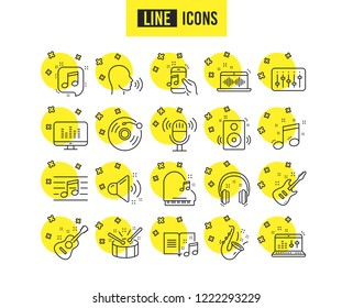 Music line icons. Set of Acoustic guitar, Musical note and Vinyl record music linear icons. Jazz saxophone, Drums with drumsticks and DJ controller symbols. Guitar vector