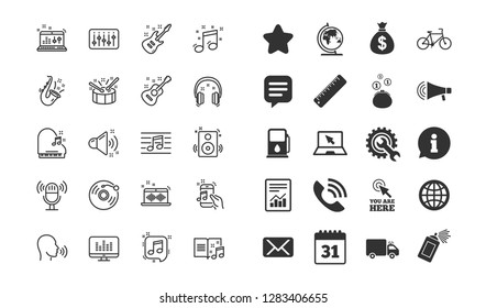 Music line icons. Set of Acoustic guitar, Musical note and Vinyl record linear icons. Jazz saxophone, Drums with drumsticks and DJ controller symbols. Vector