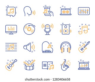 Music line icons. Set of Acoustic guitar, Musical note, Vinyl record icons. Jazz saxophone, Drums with drumsticks, DJ controller. Sound check, Mic, Music making, Electric guitar. Musical note. Vector