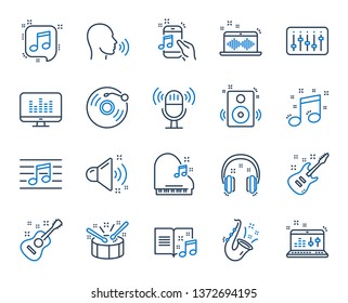 Music line icons. Set of Acoustic guitar, Musical note, Vinyl record icons. Jazz saxophone, Drums with drumsticks, DJ controller. Sound check, Mic, Music making, Electric guitar. Musical note. Vector