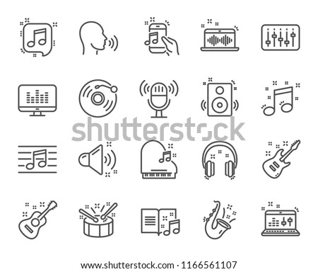 Music line icons. Set of Acoustic guitar, Musical note and Vinyl record linear icons. Jazz saxophone, Drums with drumsticks and DJ controller symbols. Sound check and Music making. Vector