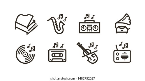 Música, iconos de línea definidos. Logo de esquema negro vectorial de colección para diseño web o sitio de aplicaciones móviles