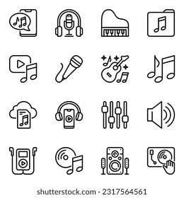 music line icons set. microphone, record, speaker, listening, musical, guitar, band, keyboard, player, sound, concert, note, volume, audio, dj, video, media, festival