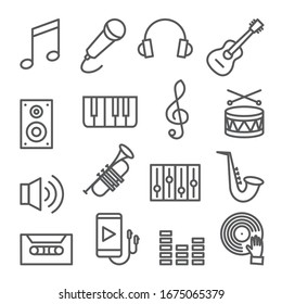 Music line icons set on white background