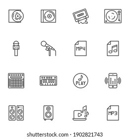 Music line icons set, outline vector symbol collection, linear style pictogram pack. Signs, logo illustration. Set includes icons as cd disk, audio cassette tape, microphone, amplifier, sound speaker