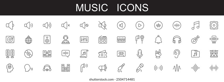 Music line icons set . vector illustration . editable stroke . white background . music instrument, musical note, video, record, radio, piano, speaker, sound, disc, earphones, speaker, playlist,