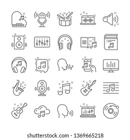 Music line icons. Set of Vinyl record, Acoustic guitar, Musical note icons. Jazz saxophone, Drums with drumsticks, DJ controller. Sound check, Mic, Music making, Electric guitar. Musical note. Vector