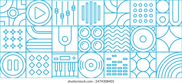 Music line modern geometric pattern. Abstract vector background with outline geometric shapes, square tiles of dj player, vinyl records, loudspeaker, play and pause buttons, synthesizer and equalizer