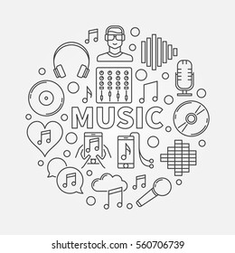 Music line round illustration. Vector outline concept symbol made with different musical icons and word MUSIC in center