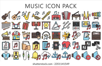 Music lineal multi color icons pack. contain guitar, drum, piano, speaker, note and more. use for modern concept, UI or UX kit, web and app development. vector EPS 10 ready convert to SVG.