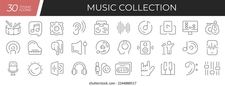 Music linear icons set. Collection of 30 icons in black