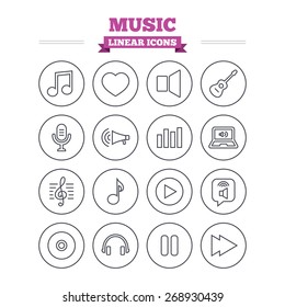 Music linear icons set. Musical note, acoustic guitar and microphone. Notebook, dynamic and headphones symbols. Thin outline signs. Flat vector
