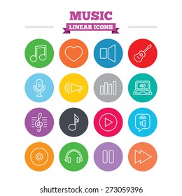 Music linear icons set. Musical note, acoustic guitar and microphone. Notebook, dynamic and headphones symbols. Thin outline signs. Flat circles vector