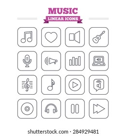 Music linear icons set. Musical note, acoustic guitar and microphone. Notebook, dynamic and headphones symbols. Thin outline signs. Flat square vector