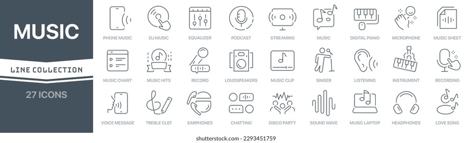 Music linear signed icon collection. Signed thin line icons collection. Set of music simple outline icons