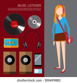 Music listener illustration. Vector flat objects and cartoon girl. 