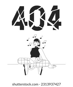 Music listening black white error 404 flash message. Asian headphones girl with cat. Monochrome empty state ui design. Page not found popup cartoon image. Vector flat outline illustration concept