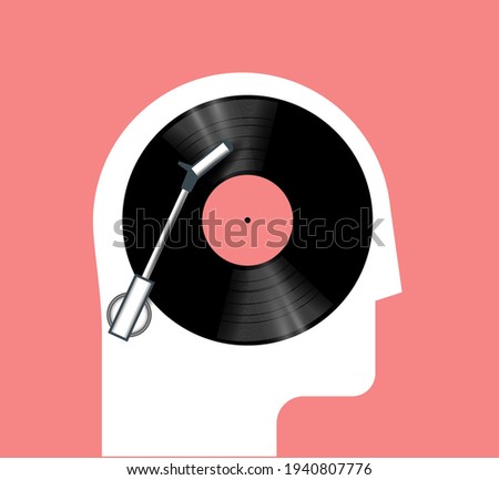 Music listening concept with side view human head silhouette and vinyl disc inside. Musical poster or banner concept. Isolated on red background. Minimalistic vector illustration.