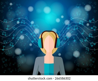 Music listening concept with young woman in headphones and musical notes on blur background vector illustration