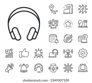 Music listening device sign. Place location, technology and smart speaker outline icons. Headphones line icon. DJ or Audio symbol. Headphones line sign. Influencer, brand ambassador icon. Vector