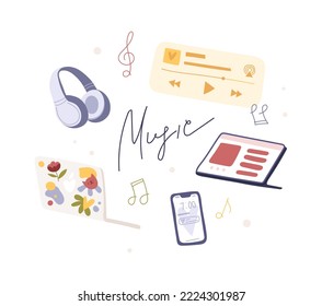 Music listening devices. Headphones, microphone, laptop, equalizer. Love music and listening, broadcasting, online radio, audio streaming service, podcast Concept. Vector isolated illustrations