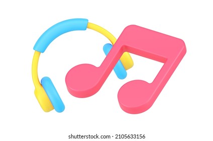 Música escuchando entretenimiento digital con audífonos y notas diseño decorativo de aplicación Icono 3d ilustración vectorial isométrica. Producción de sonido de melodía musical o acústica disfrutar aislado