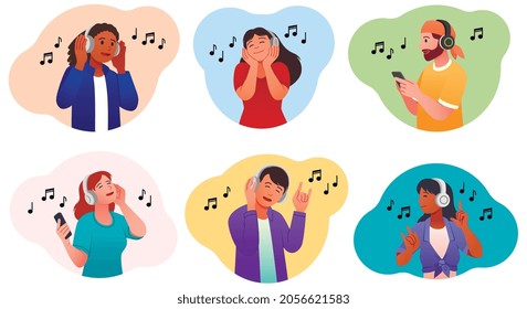 Music listening. Men and women listen to their favorite songs and tracks with headphones. Characters love music, dance, sing and relax. Cartoon flat vector collection isolated on white background