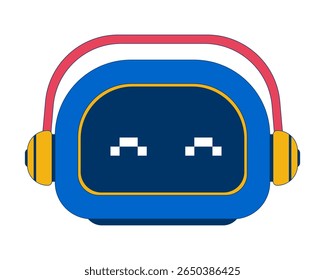 Music listening robot with headphones 2D cartoon character. Entertainment AI companion fun. Tech mascot. Robotic technology flat vector personage isolated on white. Spot illustration colorful