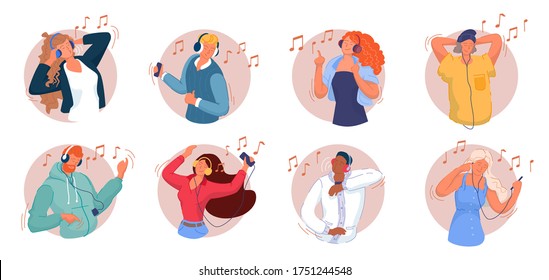 Music listening. Smiling men and women listening to music on smartphone, dancing, singing song, relaxing and having fun set. Music lovers wearing headphones and enjoying modern audio sound collection