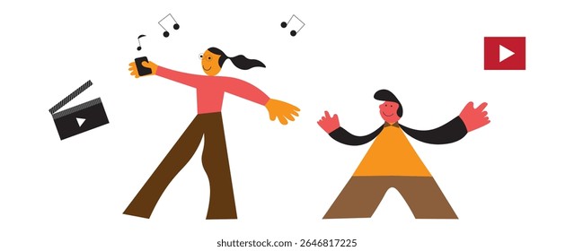 Music listening. Smiling men and women listening to music on smartphone, dancing, singing song, relaxing and having fun set. Music lovers wearing headphones and enjoying modern audio sound collection
