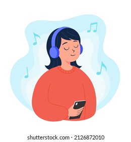 Music listening. Woman listening to music with a smartphone and headphones, Relax and leisure, Calm peaceful mood. Flat vector illustration